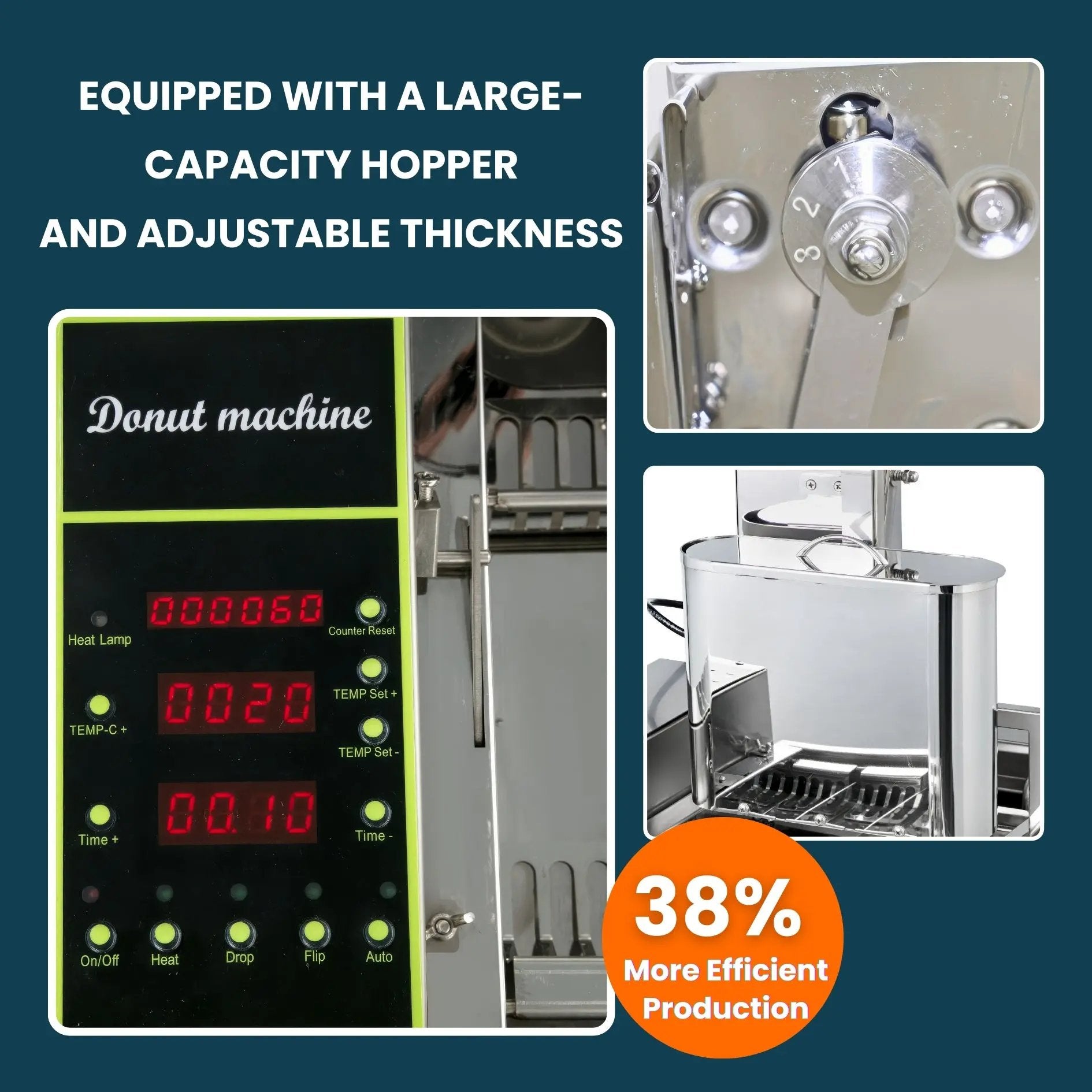 Digital control panel on electric donut fryer for precise temperature and counter
