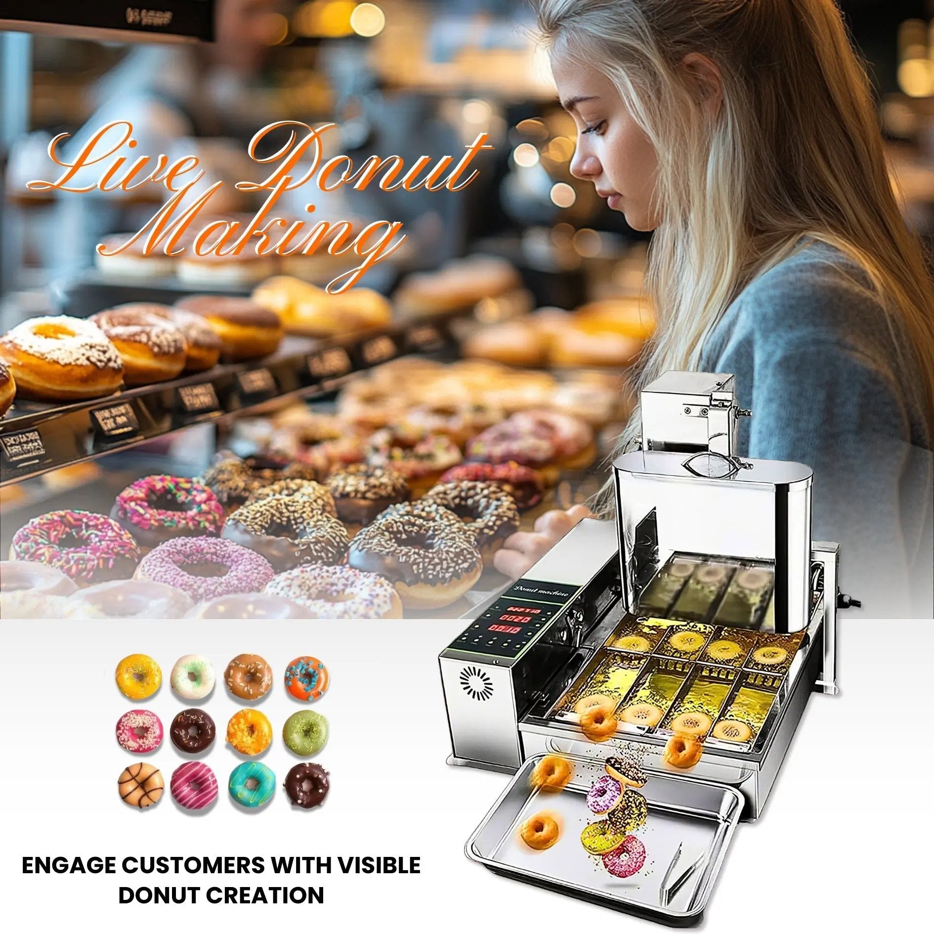 Live mini donut making machine in operation at a bakery shop