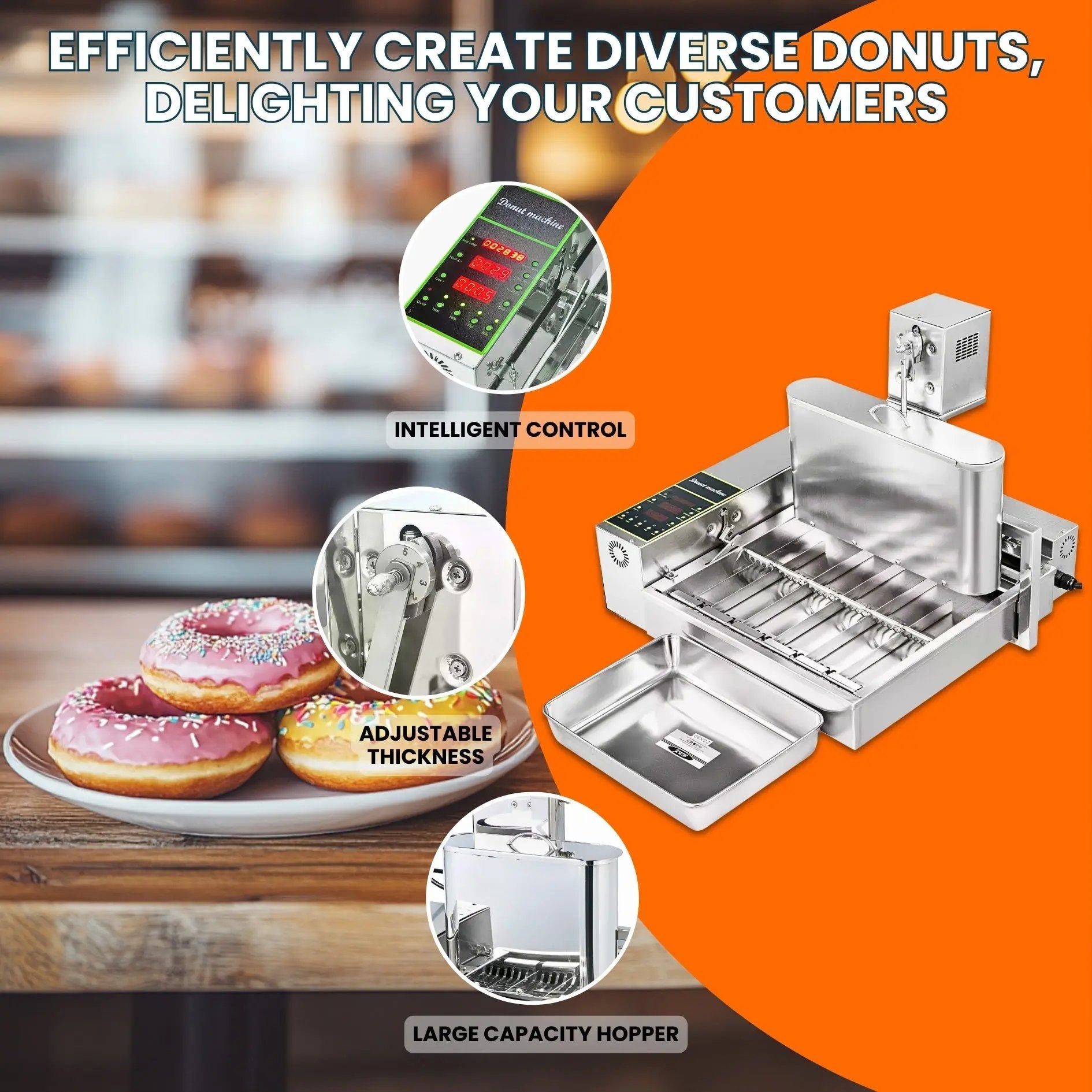 Efficiency features of 6-row electric donut machine including digital control and adjustable thickness