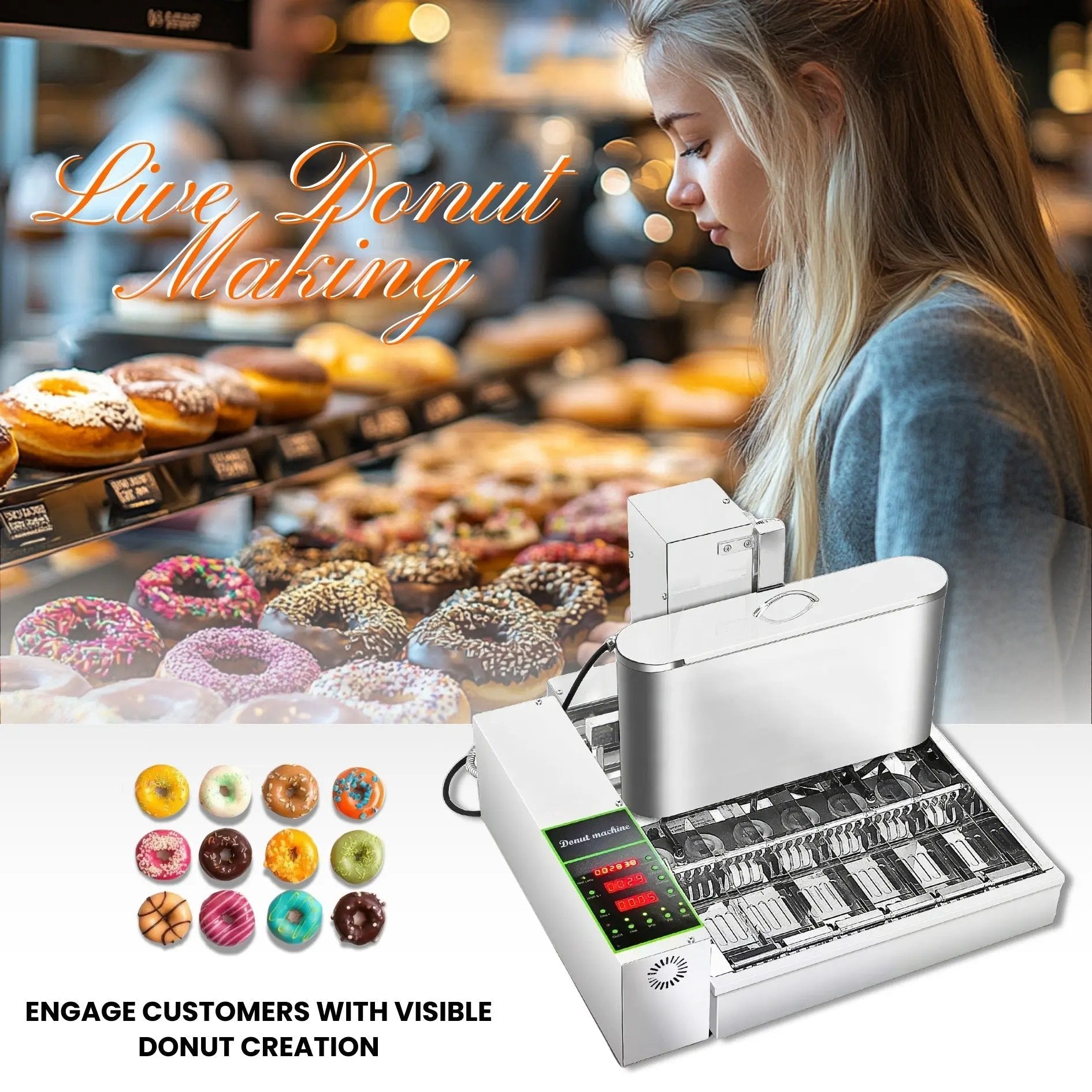 Live commercial donut making station attracting customers with LBD-6 machine