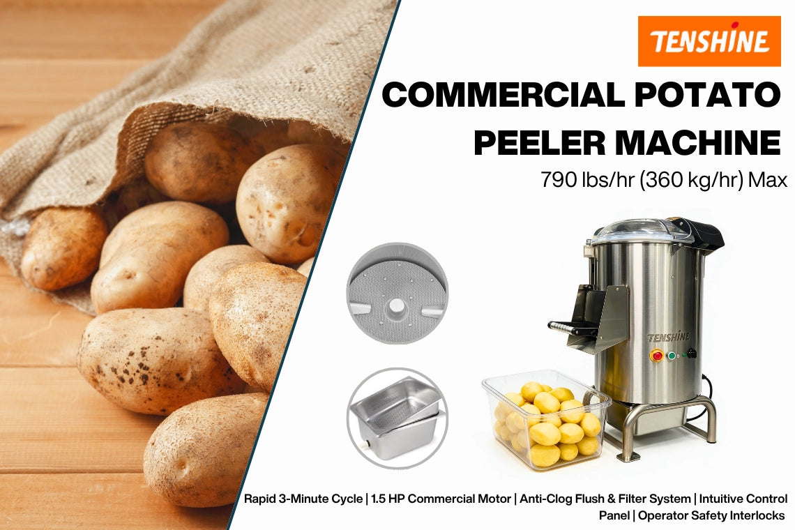 The Tenshine commercial potato peeler machine processes up to 790 lbs of dirty root vegetables per hour using a rapid 3-minute fully automated cycle.