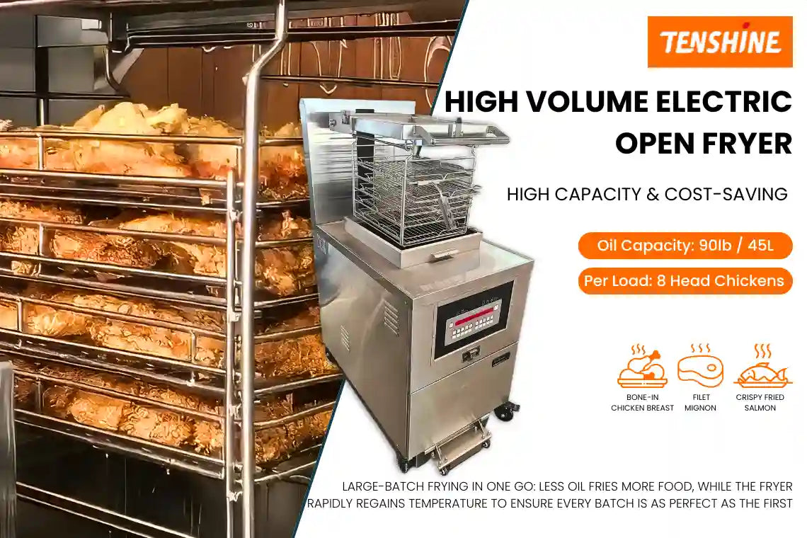 High volume electric open fryer with 8-head chicken capacity and auto-lift system for fast food chains