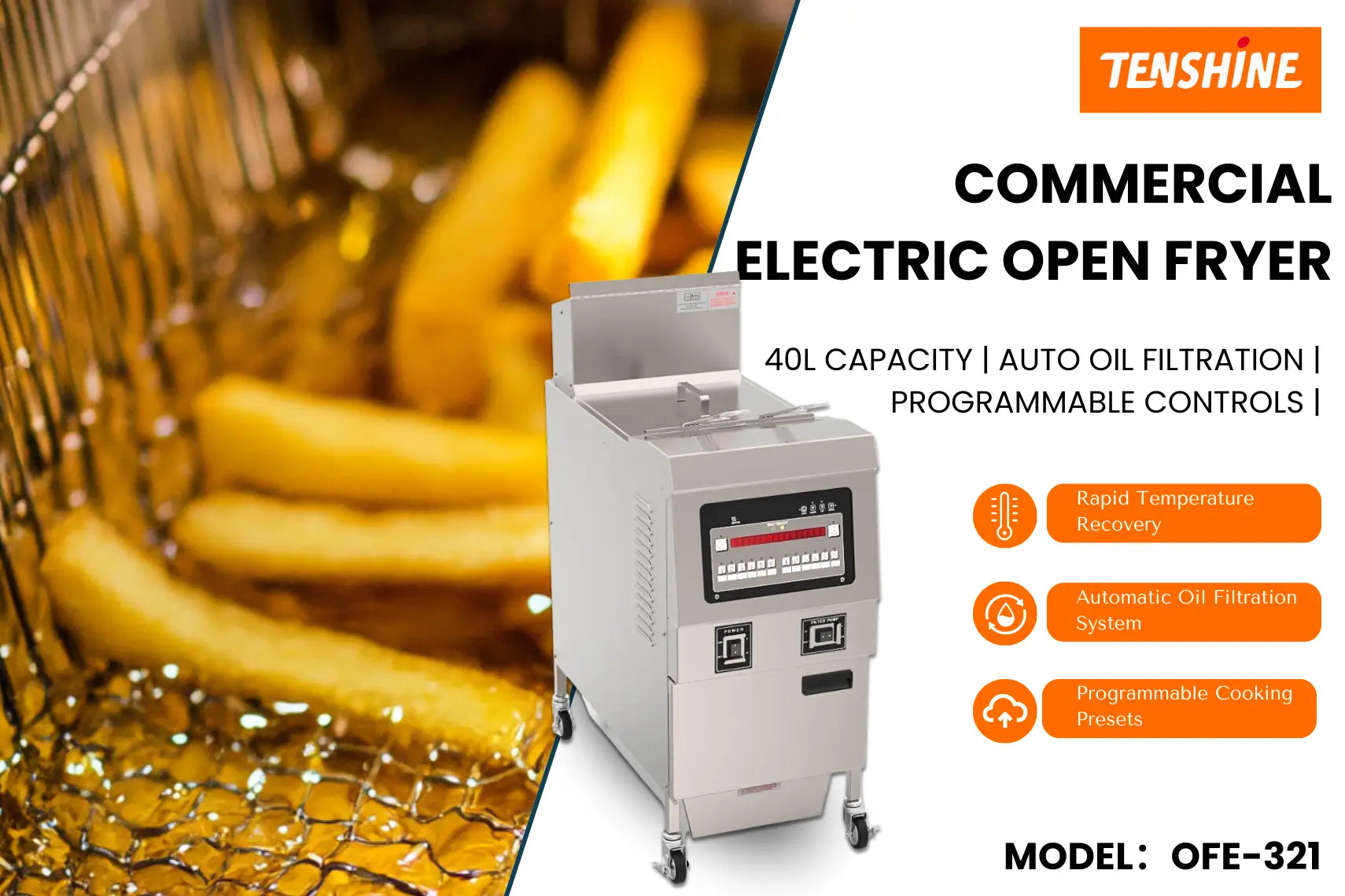 OFE-321 commercial open fryer front view stainless steel