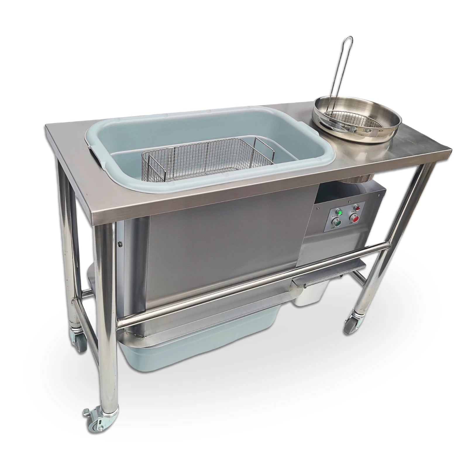 Mesa de empanizado eléctrica silenciosa ultradelgada con tamiz automático de harina para pollo frito BT-2P