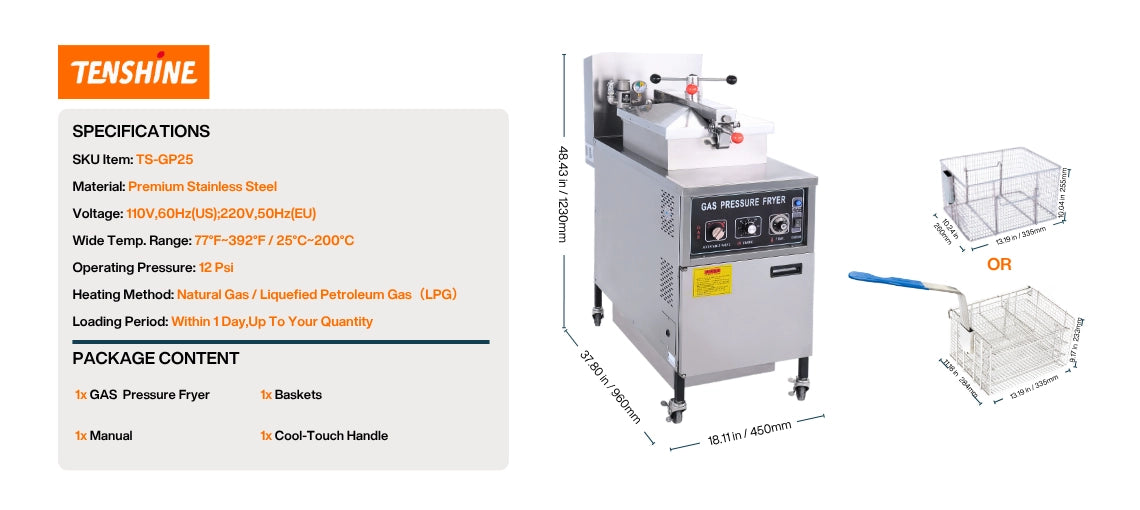 Exact dimensions and physical specifications of the 25L LPG pressure deep fryer with premium stainless steel construction.