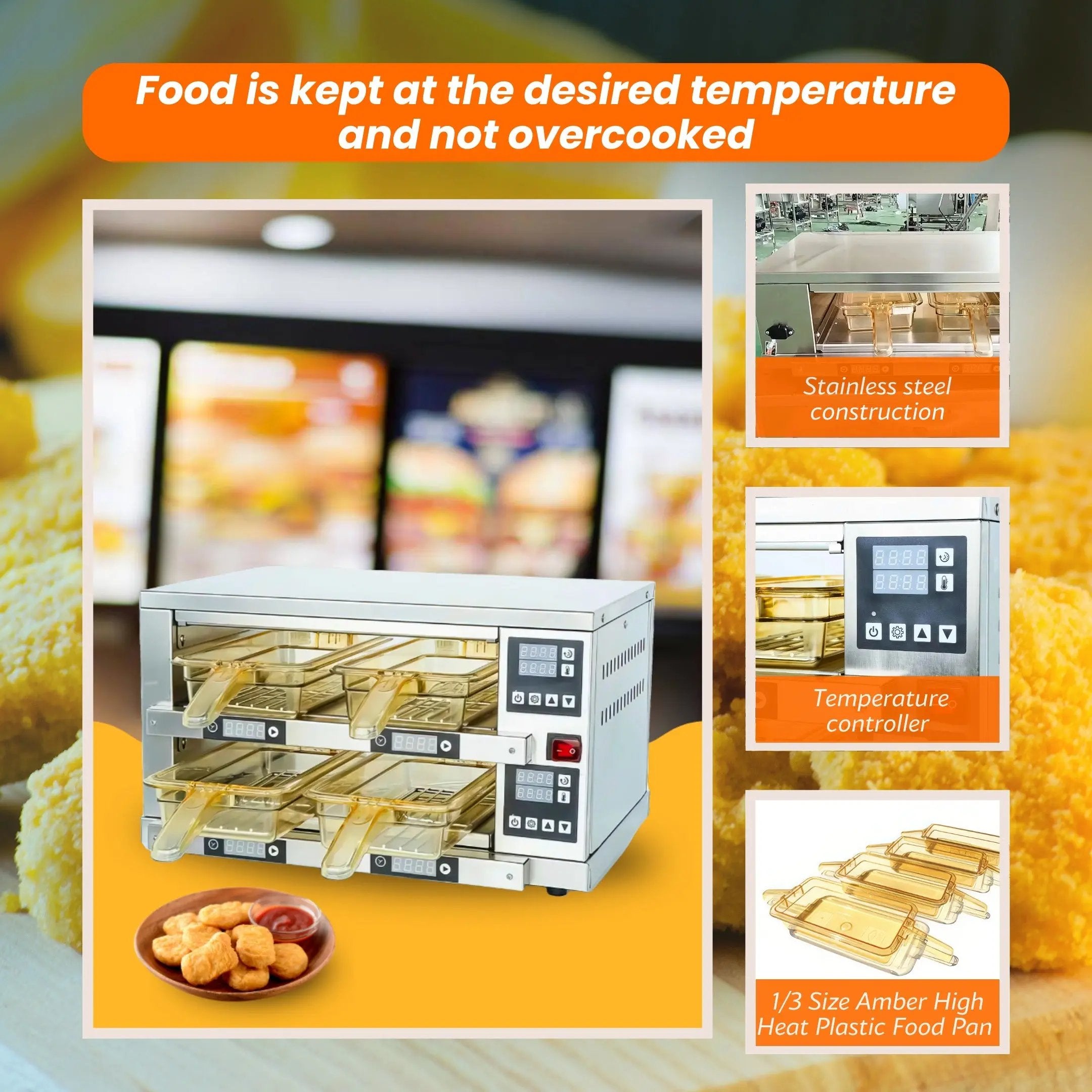 RB2-4 Tabletop Stainless Steel Double-Layer 4-Tray Food Warming Cabinet & Heated Holding Station TENSHINE