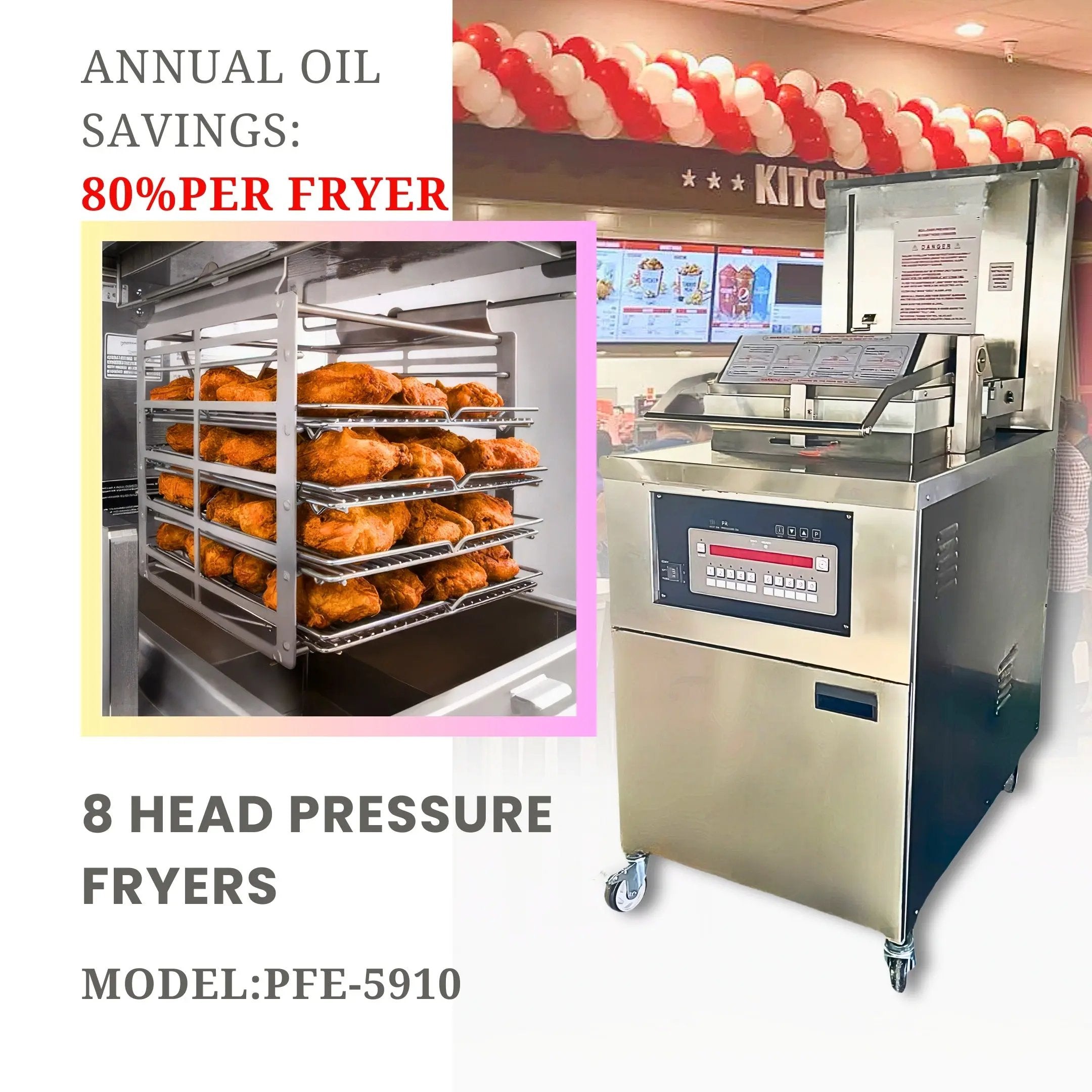 PFE-5910 Heavy-Duty Electric Pressure Fryer 17KW 99lb / 75KG Shortening 8 Head with Oil Filtration System TENSHINE