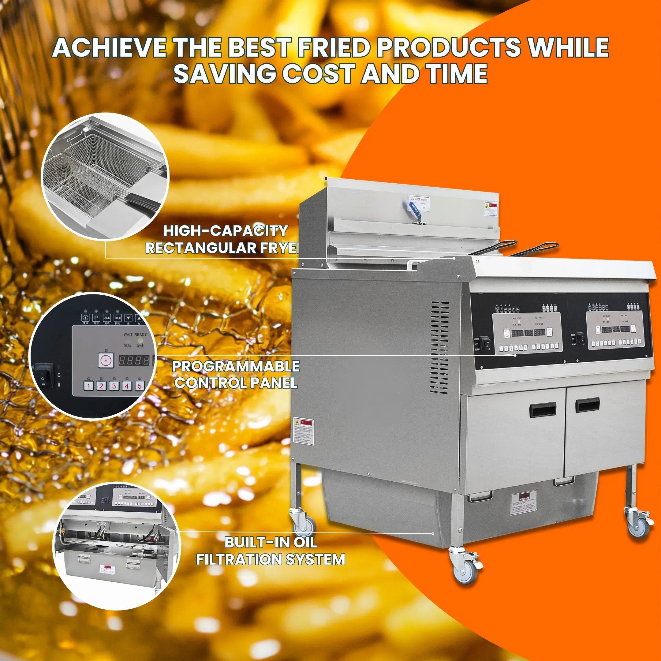 Dual Tank Gas Open Deep Fryer with Oil Filtration System and Programmable Controls OFG-302 TENSHINE