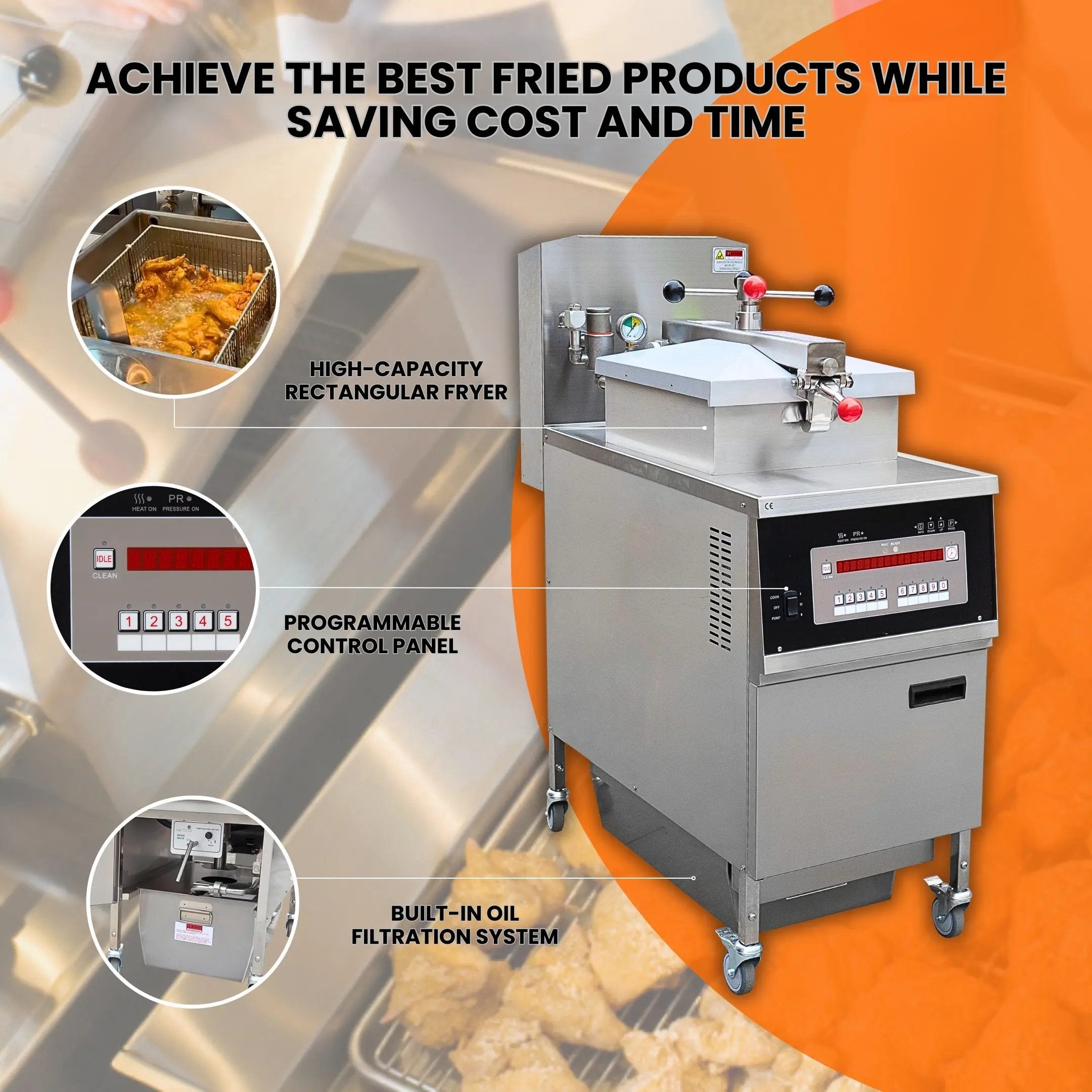 PFE800 Commercial Electric Pressure Fryer 13.5KW 53lb/24L with Oil Filtration System TENSHINE
