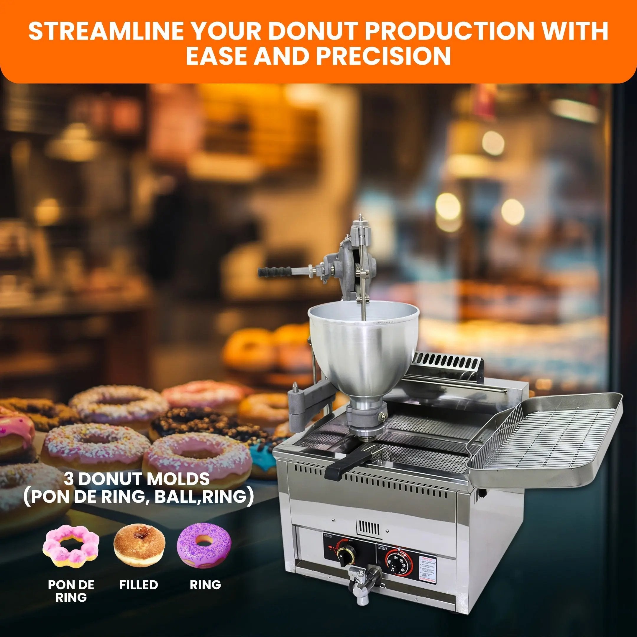 Manual Gas Donut Fryer with 3 Molds & Adjustable Thickness – Donut Maker T-102RQ TENSHINE