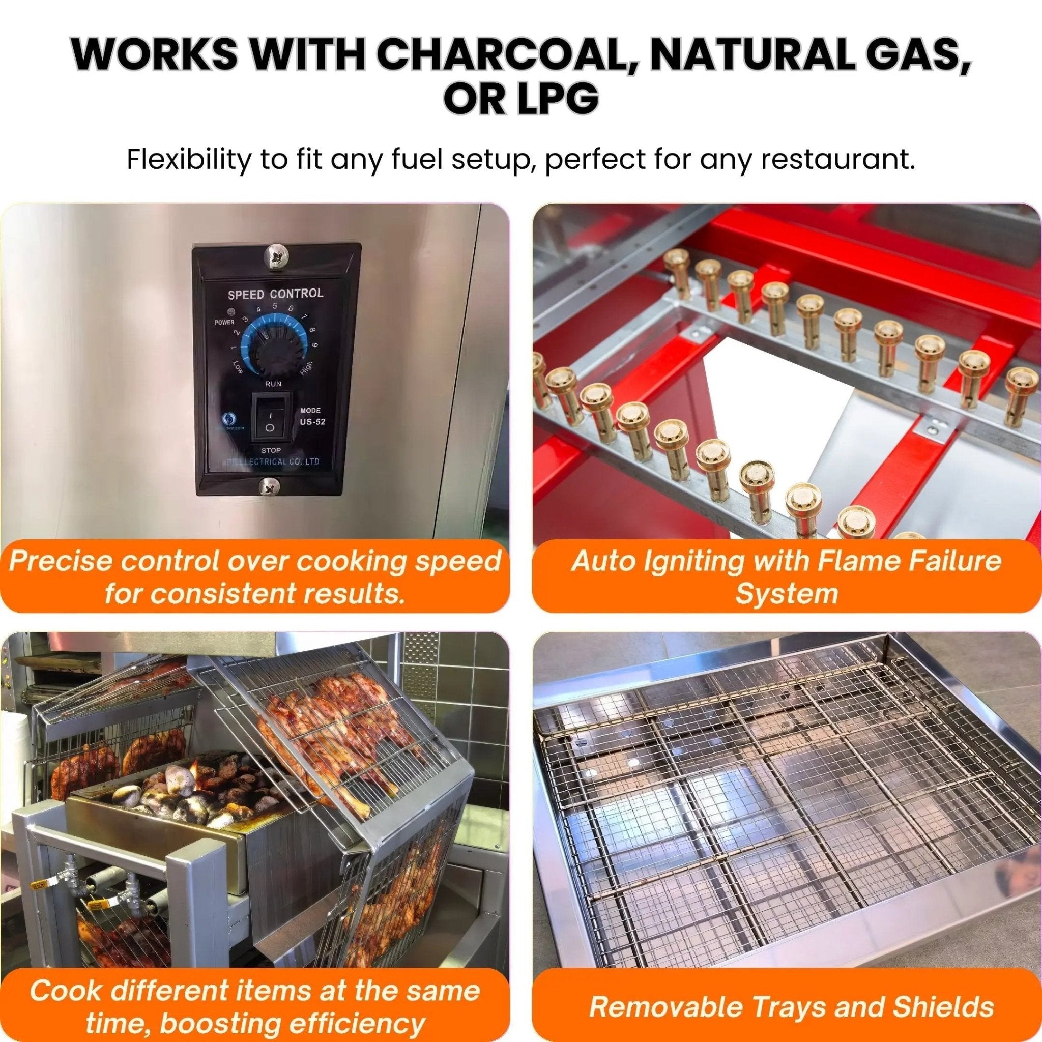 Key features of gas and charcoal rotisserie oven including 24 chicken capacity