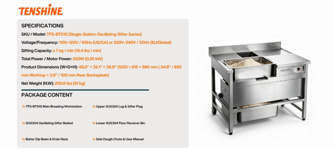Tenshine TFS-BT01S Commercial Breading Table Specifications and Package Content Including SUS304 Lug, Sifter Basket, and Drain Rack
