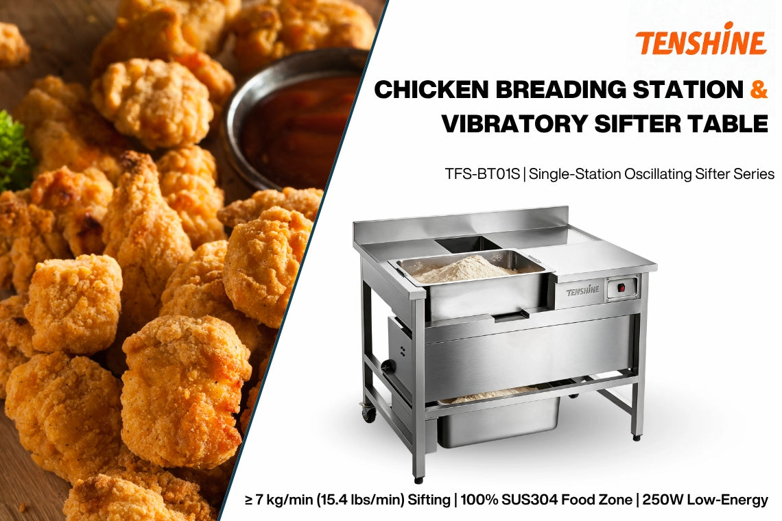 Tenshine TFS-BT01S Commercial Chicken Breading Station and Vibratory Sifter Breading Table for Crispy Fried Chicken