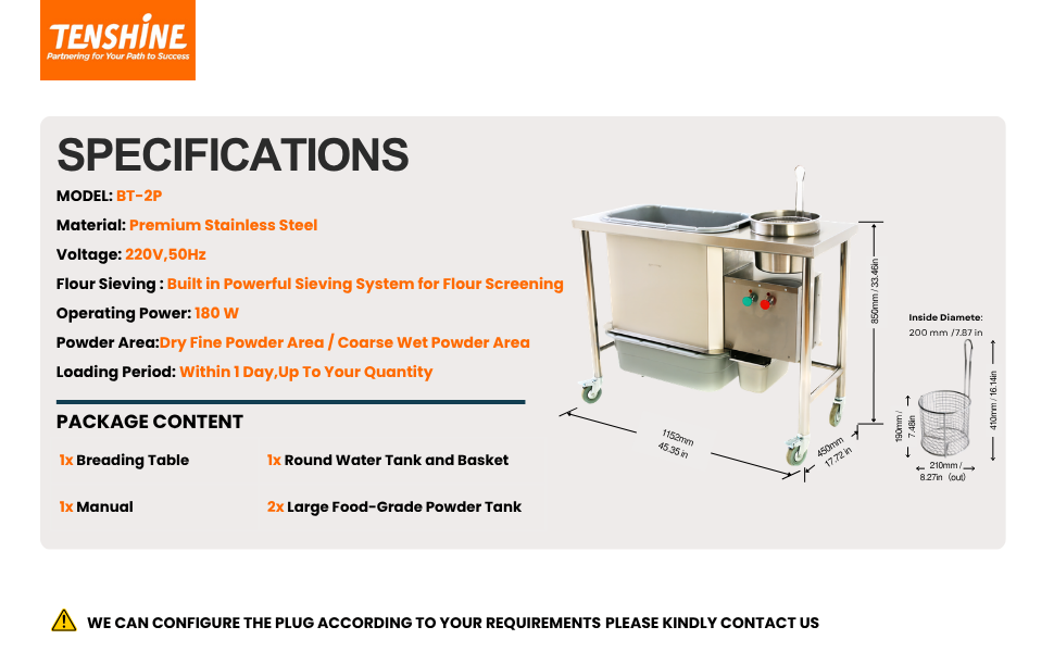 Complete specifications and package content for the BT-2P commercial breading station, displaying exact dimensions, 180W operating power, and premium stainless steel build.
