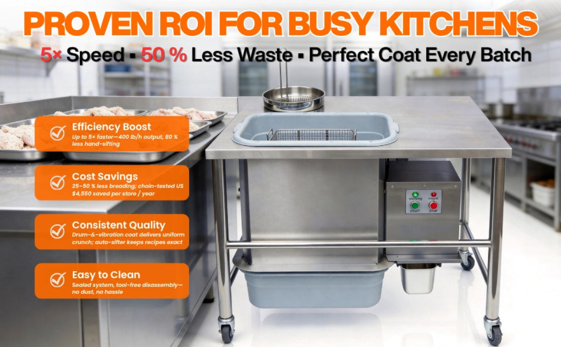 Tenshine BT-1E commercial breading station designed for busy kitchens, offering proven ROI, 5x faster speed, and 50% less flour waste.