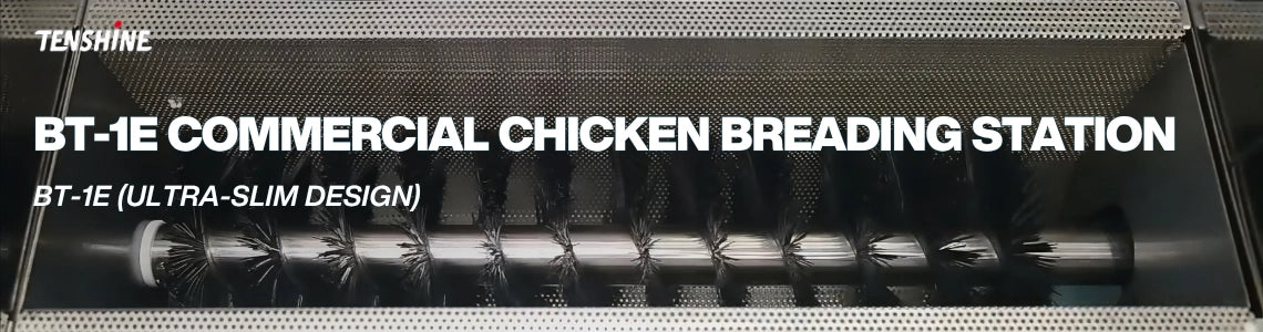 Close-up banner of the motorized rotary sifter inside the Tenshine commercial chicken breading station.