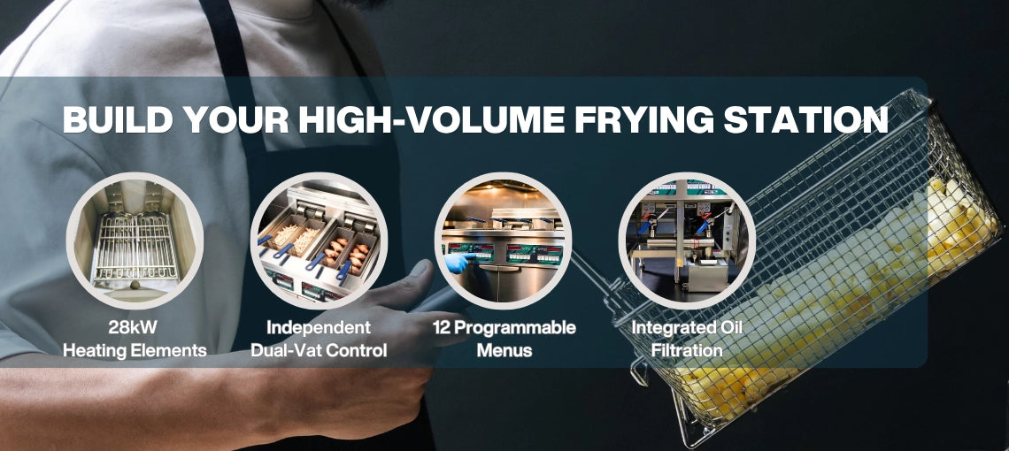 High-volume commercial deep fryer station featuring 28kW elements, dual-vat control, and integrated oil filtration.