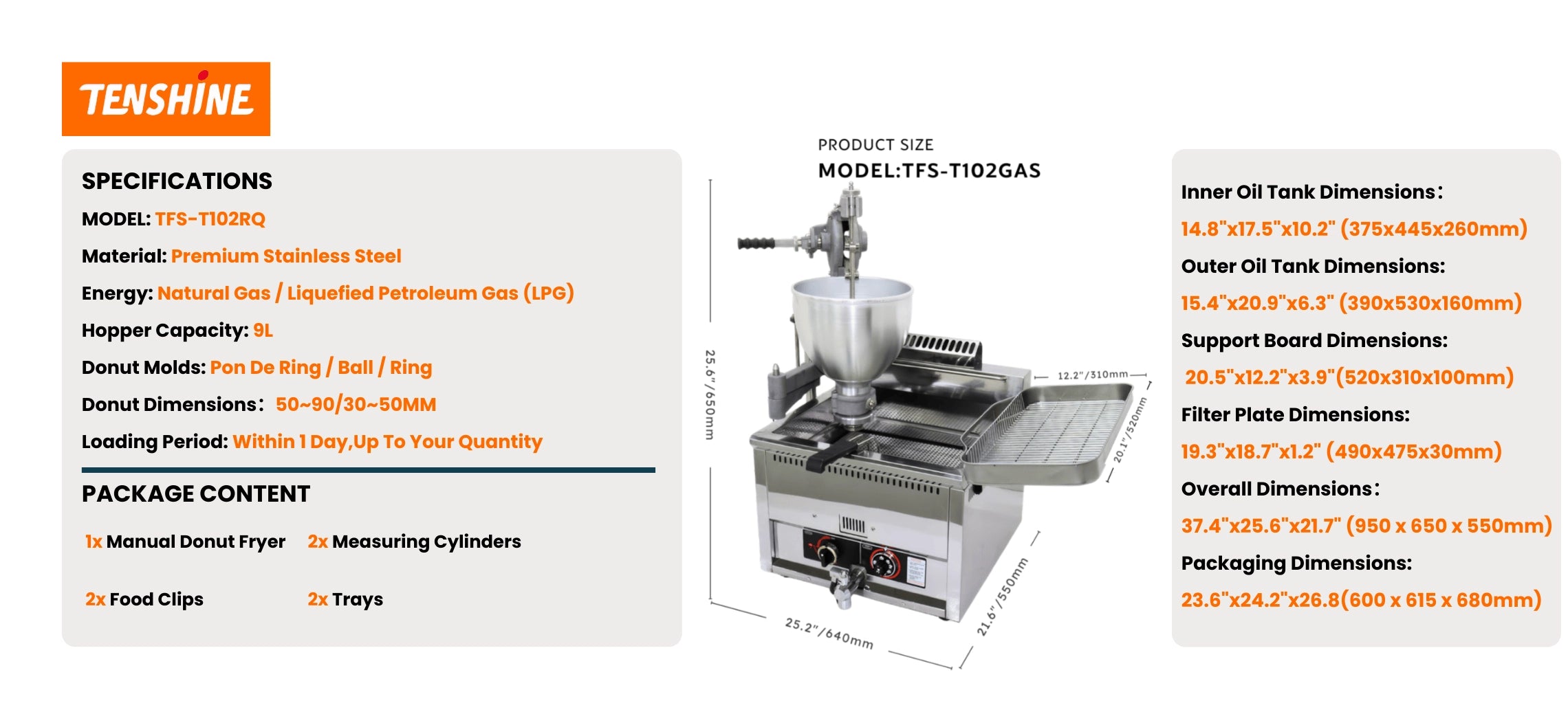 Functional comparison chart of the commercial donut machine, showcasing its massive 12kW gas heating and manual dropping efficiency.