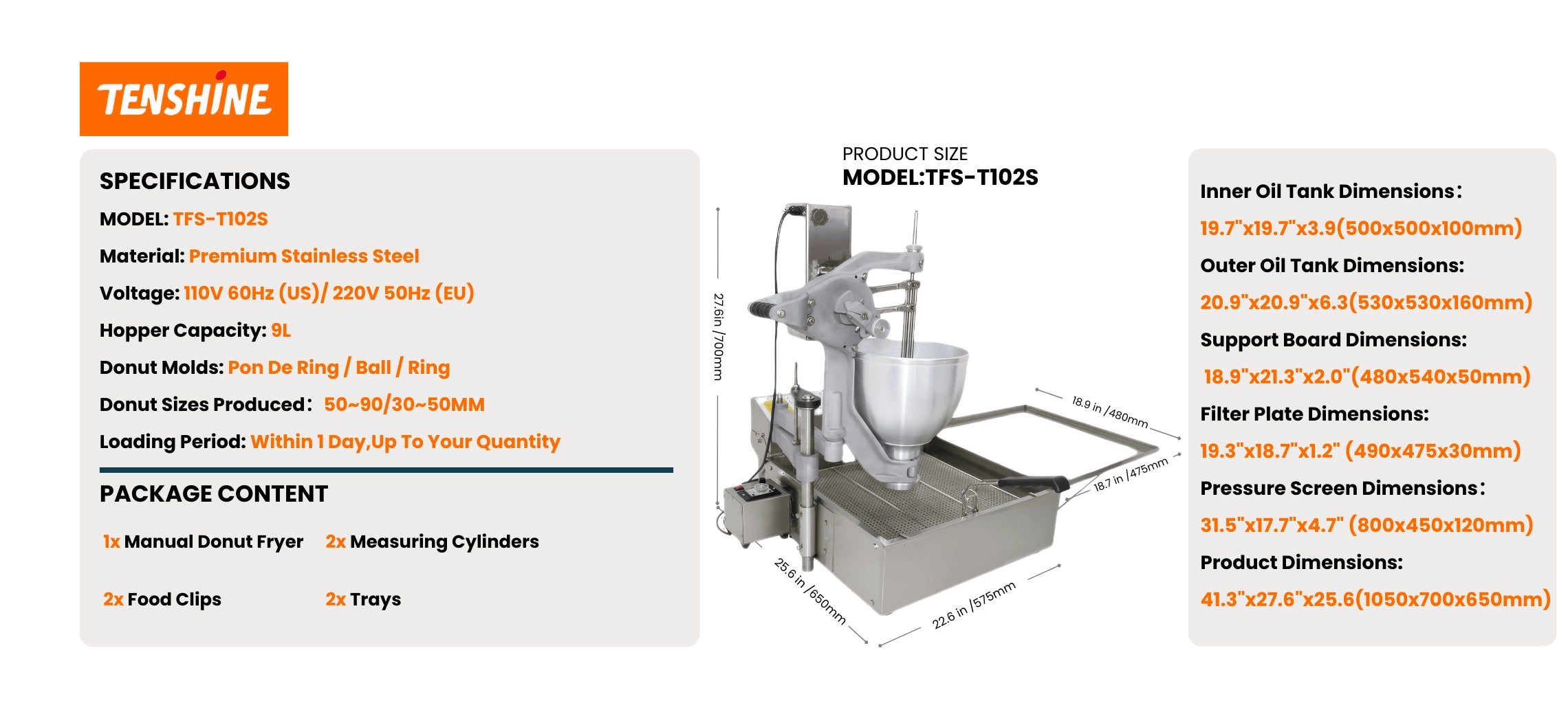 Comprehensive technical specifications chart for the Tenshine commercial donut machine, detailing its 3050W power output and massive 25-piece batch capacity.