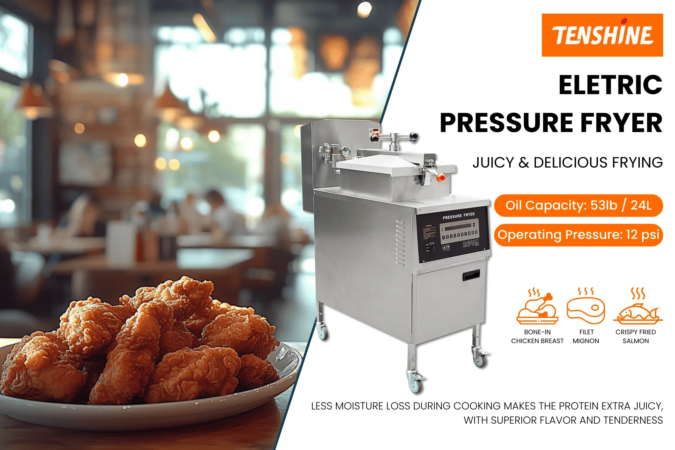 Front view of the 13.5kW TS-EP600 commercial electric pressure fryer showcasing its heavy-duty stainless steel build.