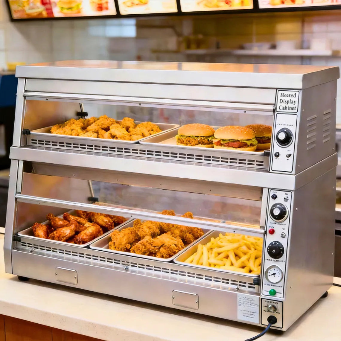 Commercial 2-tier heated display cabinet filled with fried chicken and burgers for fast food restaurants.