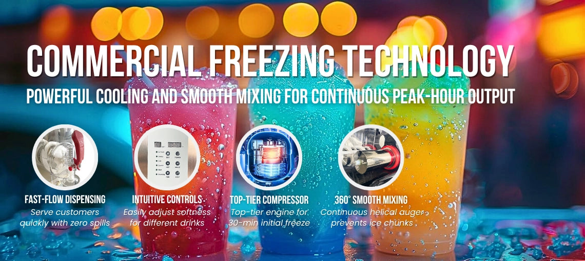 Powerful cooling technology and fast-flow dispensing on a commercial frozen drink dispenser.