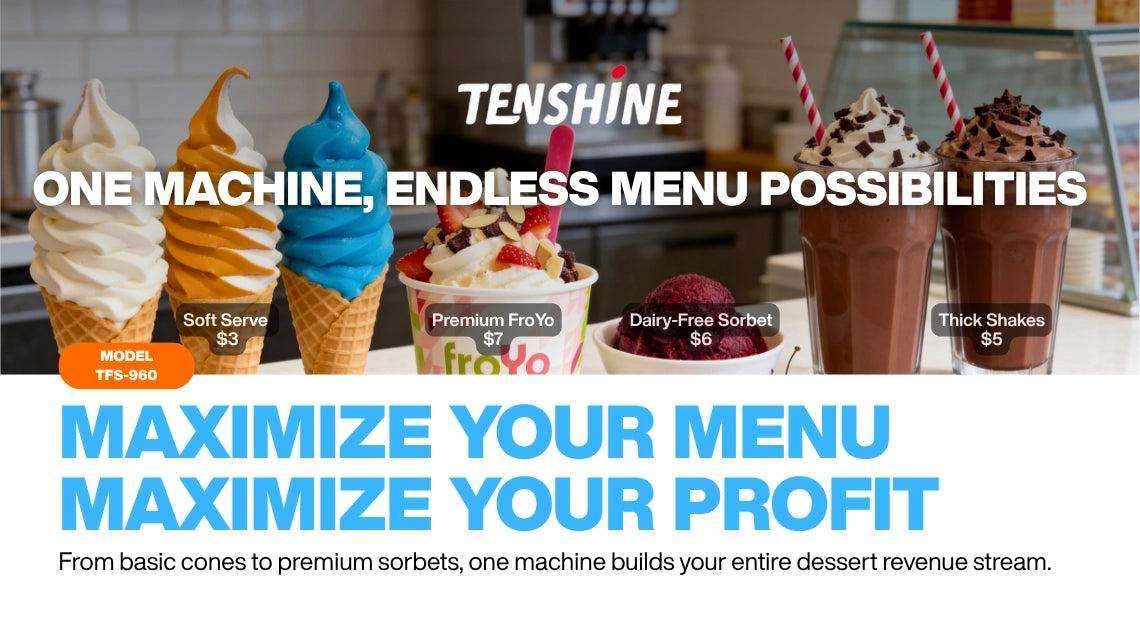 Versatile commercial frozen yogurt machine capable of making soft serve, premium FroYo, dairy-free sorbet, and thick shakes to maximize profit.