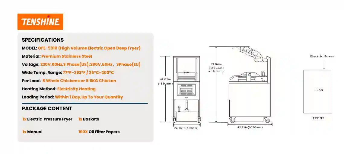 Technical specifications and dimensions diagram for Tenshine OFE-5910 electric open fryer (220V/380V)
