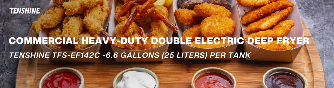 Commercial heavy-duty double electric deep fryer delivering perfectly crispy fried chicken and fries.