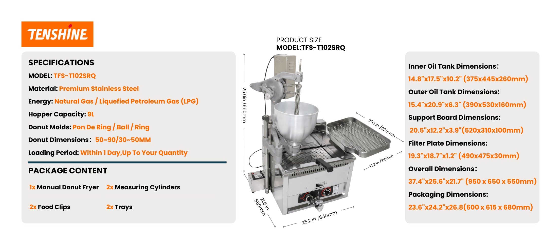 Detailed dimensions and blueprint of the commercial gas donut fryer, featuring a space-saving 37.4 by 25.6-inch footprint for restaurant prep tables.