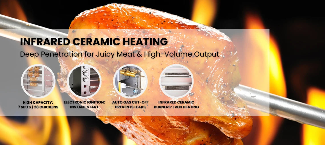 Infrared heating technology of Tenshine TFS-7S gas rotisserie. Features ceramic burners for juicy meat and high capacity of up to 28 chickens per batch.