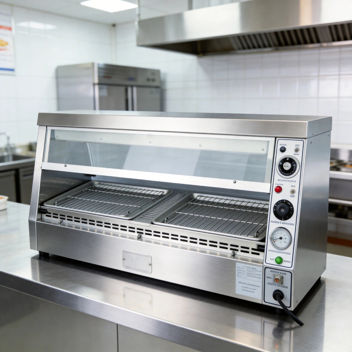 Clean, professional kitchen installation of the TS-DW2 commercial heated food display cabinet on a stainless steel prep counter, ready for service.