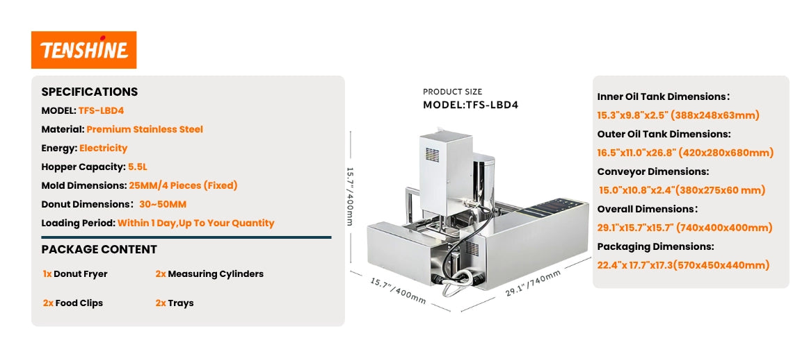 Detailed dimensions and packaging content for the LBD-4 commercial mini donut maker