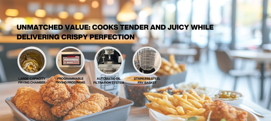 Cook tender and crispy chicken with the Tenshine commercial pressure fryer for chicken