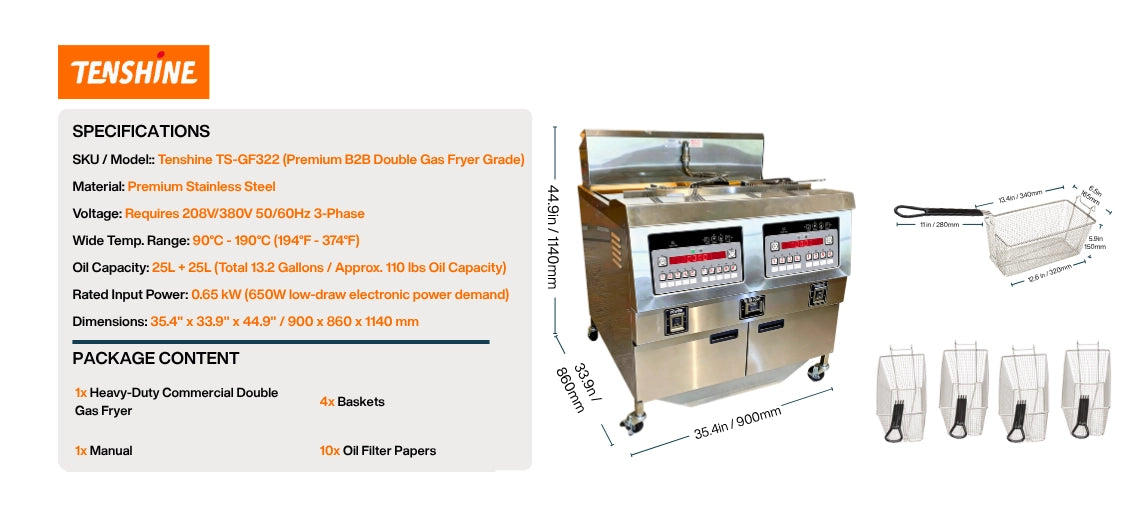 Comparison showing the Tenshine TS-GF322 commercial propane deep fryer split-vat design outperforming traditional open fryers with zero flavor transfer.