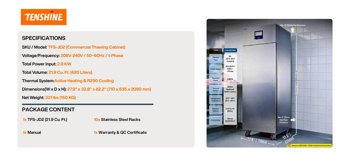 Detailed technical specifications table and package contents for the Tenshine commercial thawing cabinet, including 208V power supply and 10 stainless steel racks.