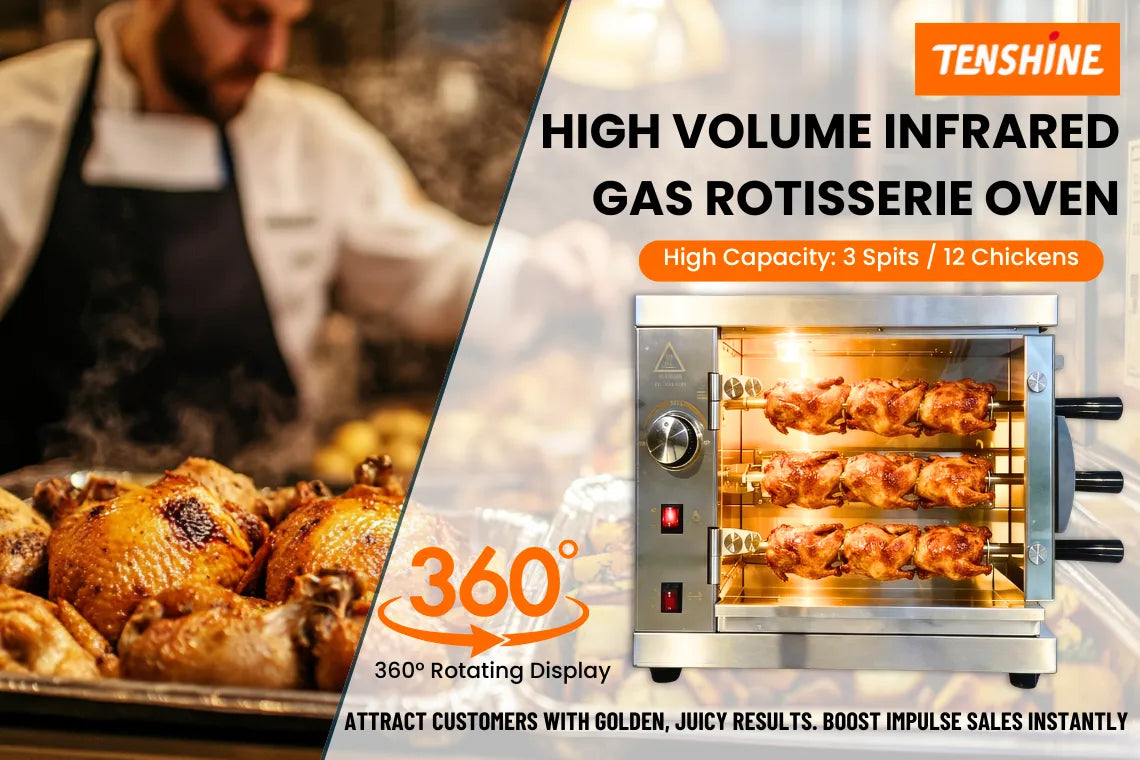 Tenshine compact 3-spit infrared gas rotisserie oven holding 12 chickens, perfect for tight kitchen spaces.