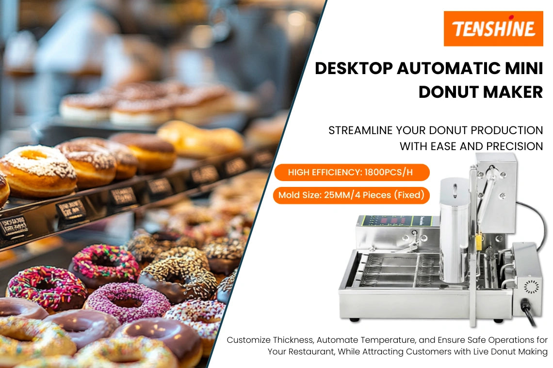 Desktop automatic mini donut maker delivering 1800 pieces per hour for professional bakery display cases