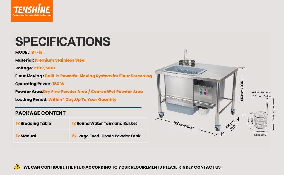 Detailed specifications and dimensions for the Tenshine fried chicken breading table, including package contents and 220V voltage details.