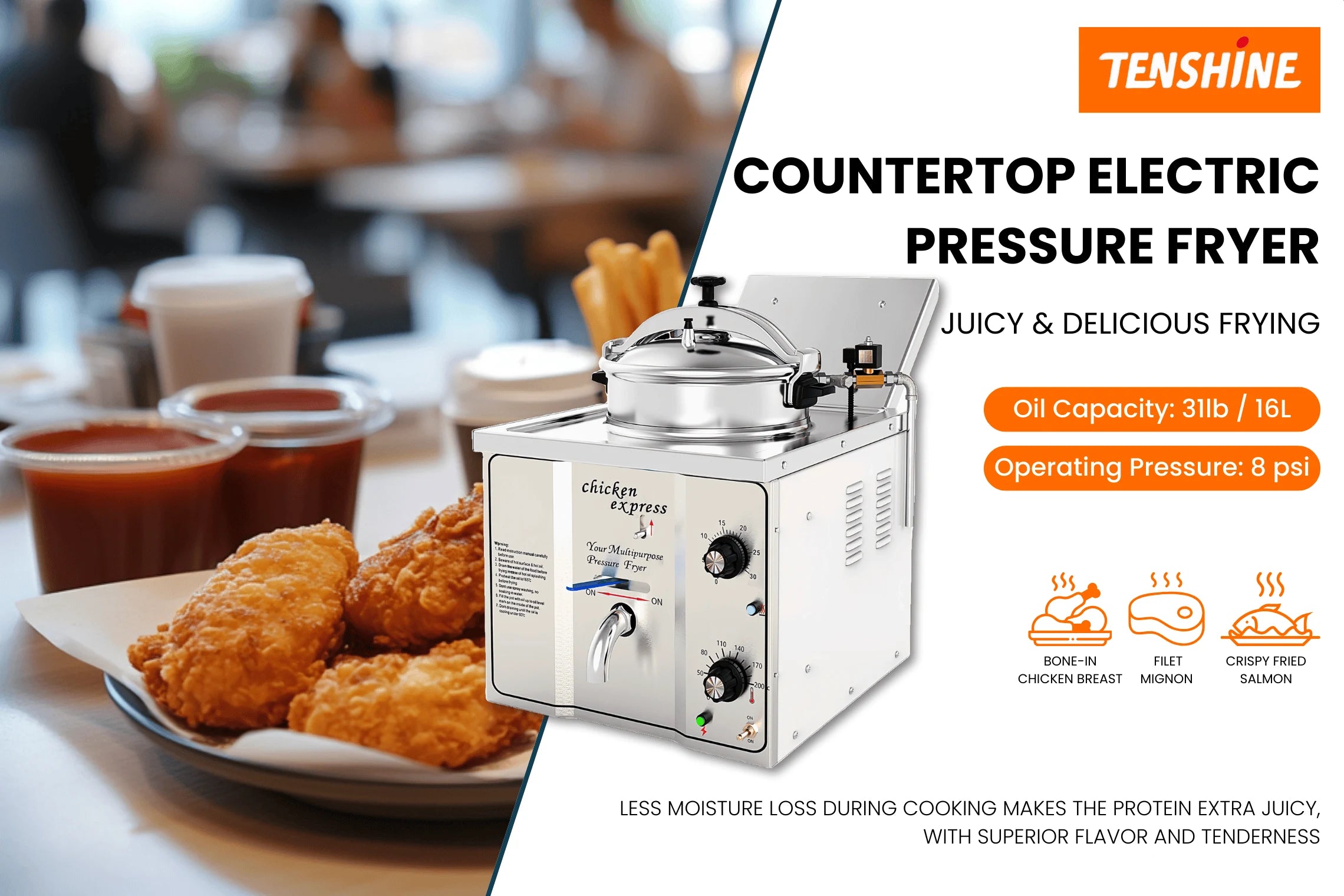 Commercial fried chicken pressure fryer delivering crispy and juicy results for high-demand kitchens.
