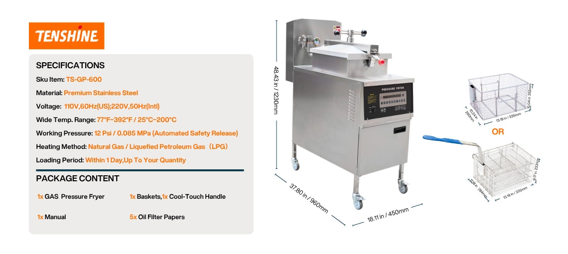 Detailed technical parameters and dimensions of the 25L gas pressure deep fryer.