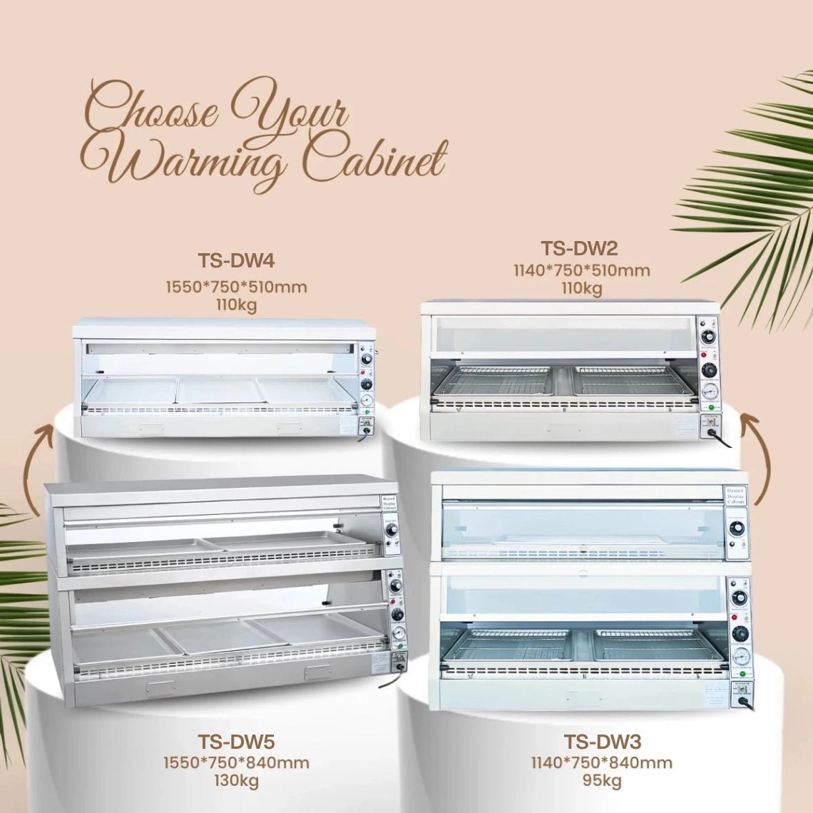 Infographic comparing Tenshine restaurant food warmer cabinets, featuring the TS-DW3 countertop heated food display case alongside higher capacity models for various restaurant workflows.