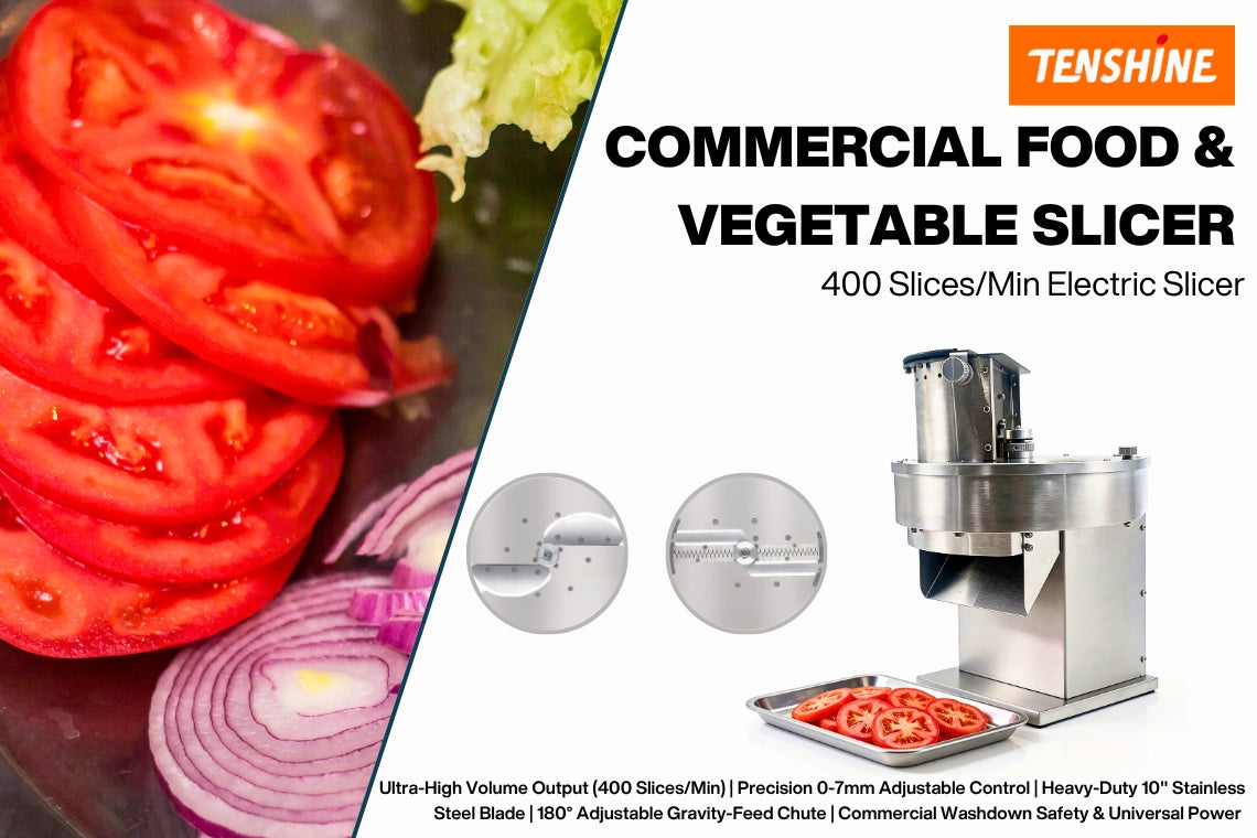 Tenshine TS-VS639 heavy duty commercial food and vegetable slicer, featuring a 400 slices per minute output for rapid prep in professional kitchens.