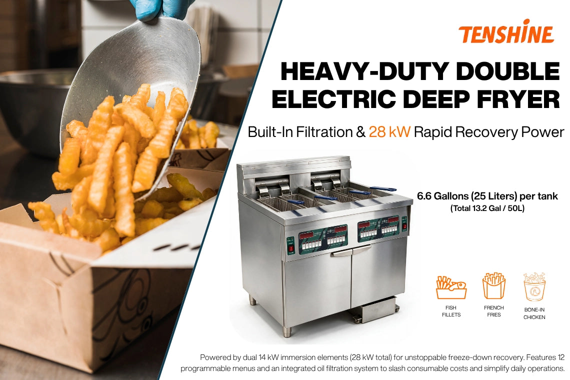 Heavy-duty double electric deep fryer with 28kW rapid recovery power frying french fries.