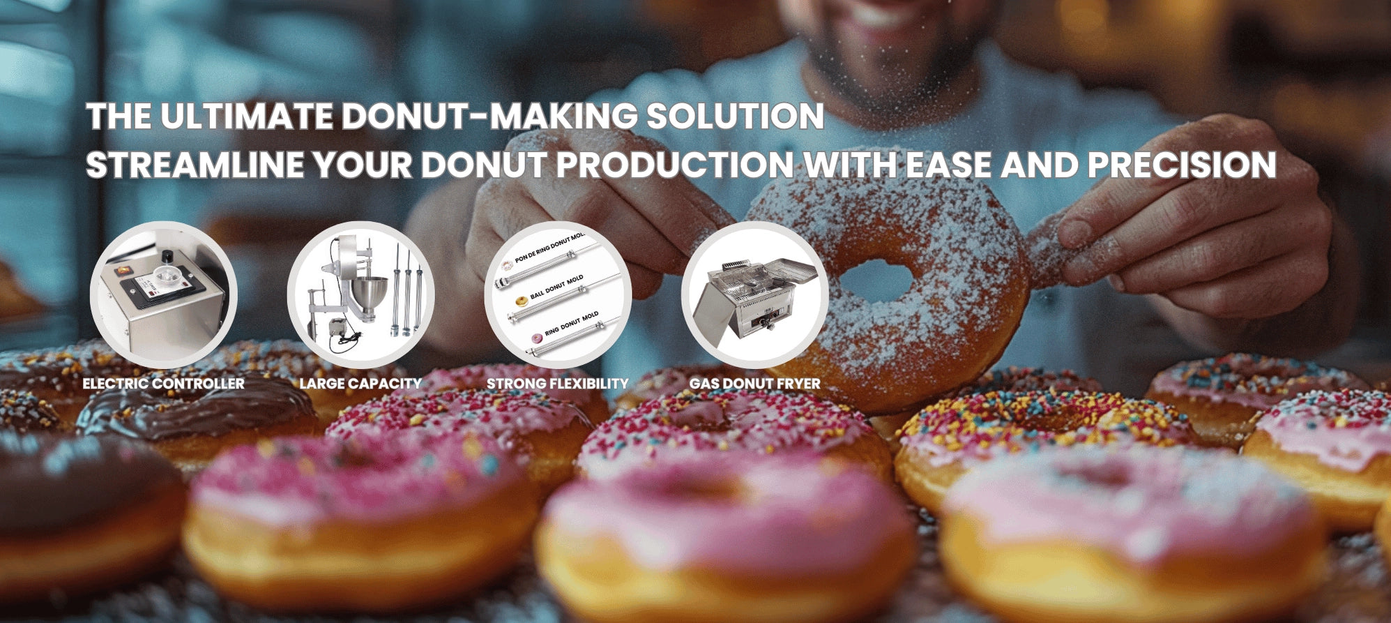 Four core profitability features of the heavy-duty gas donut making machine, highlighting rapid gas heat recovery and precise portion control.