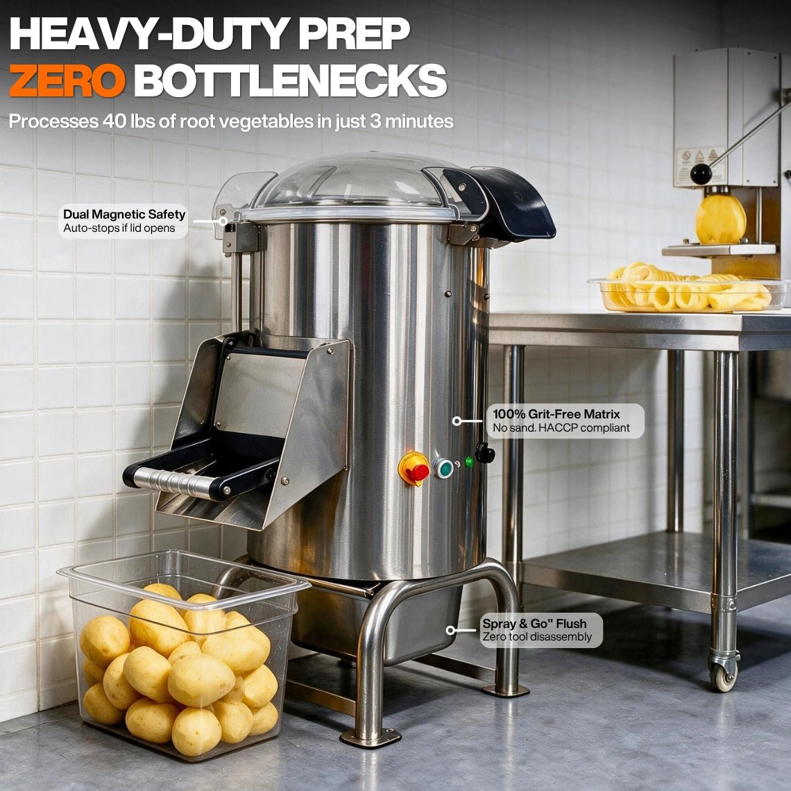 Heavy-duty industrial potato peeler in a commercial kitchen featuring spray-and-go flush cleaning and magnetic safety interlocks.