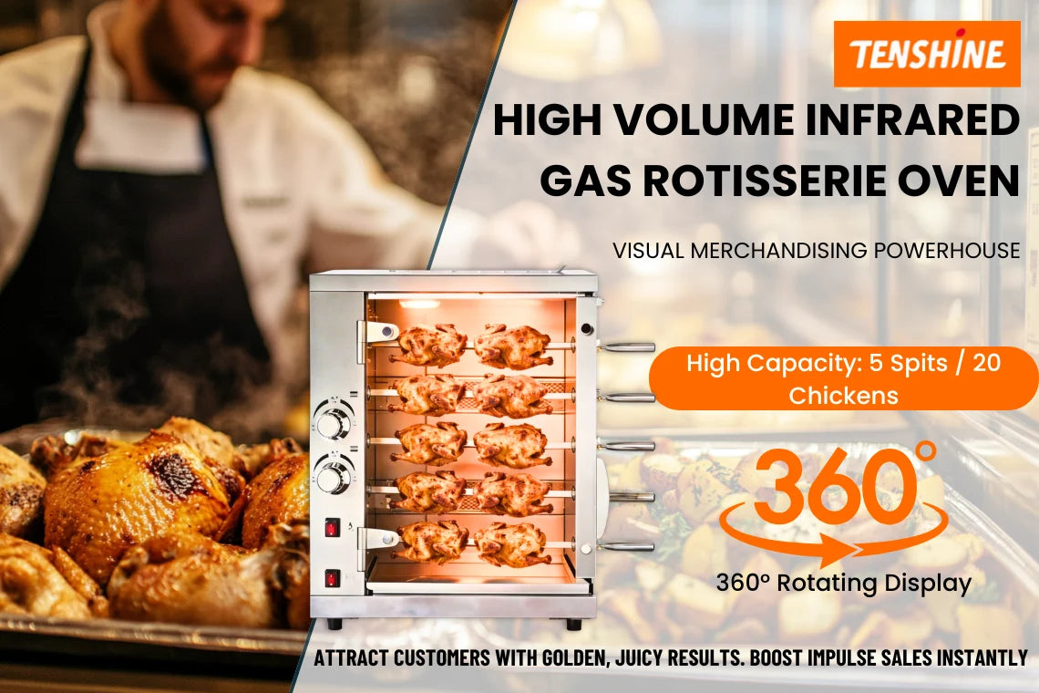 Tenshine high volume 5-spit infrared gas rotisserie oven with 360 degree display, holding 20 whole chickens.