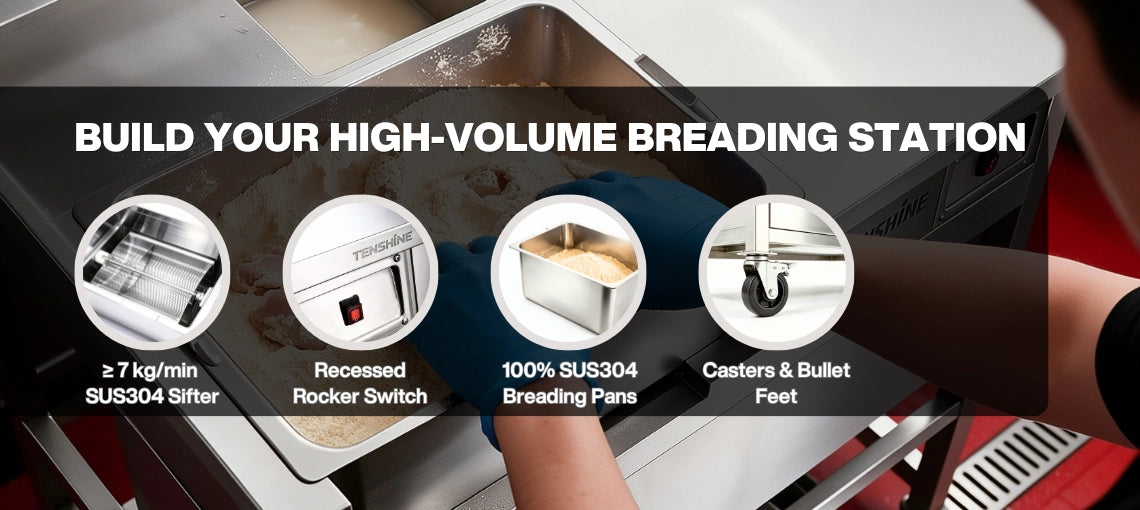 Build Your High-Volume Breading Station with 7kg/min SUS304 Sifter, Recessed Switch, 100% SUS304 Breading Pans, and Locking Casters