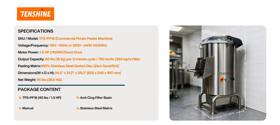 Package contents and ergonomic dimensions of the high-volume potato peeler machine, including the anti-clog filter basin and 100% stainless steel matrix.