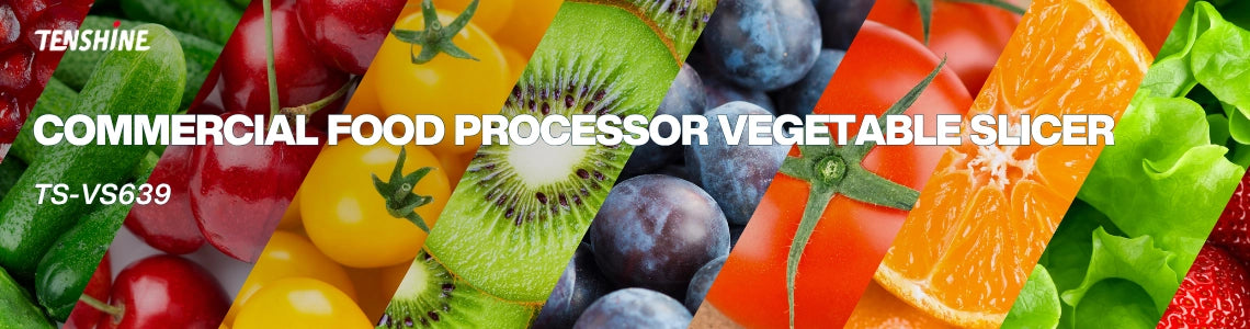 Tenshine TS-VS639 industrial food slicer and commercial vegetable processor, designed to handle a wide variety of fresh produce including tomatoes, cucumbers, and onions.